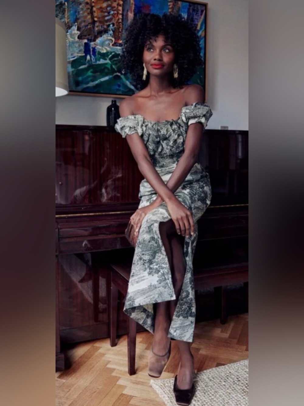 Tuckernuck Off-Shoulder Green Toile Maxi Dress
